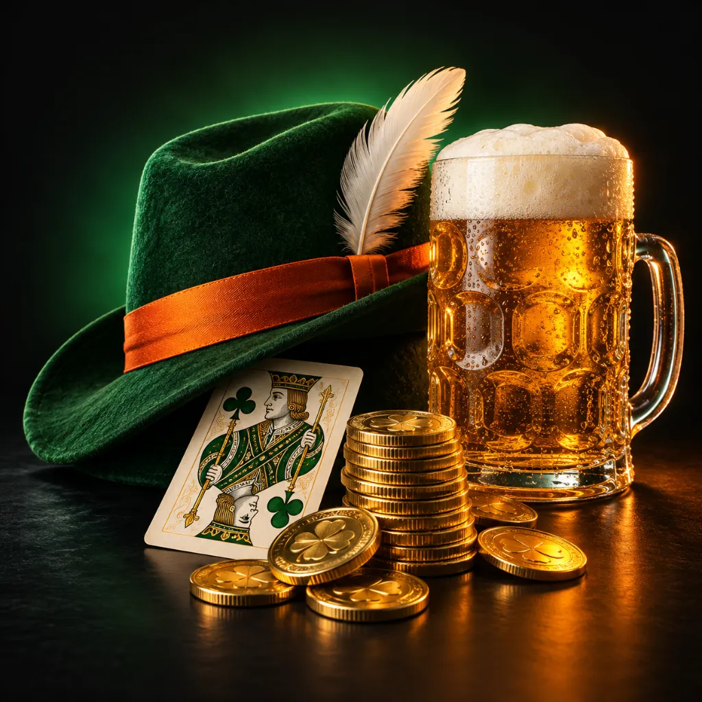 Jack’s green feathered hat beside a frothy pint and a pile of gold coins