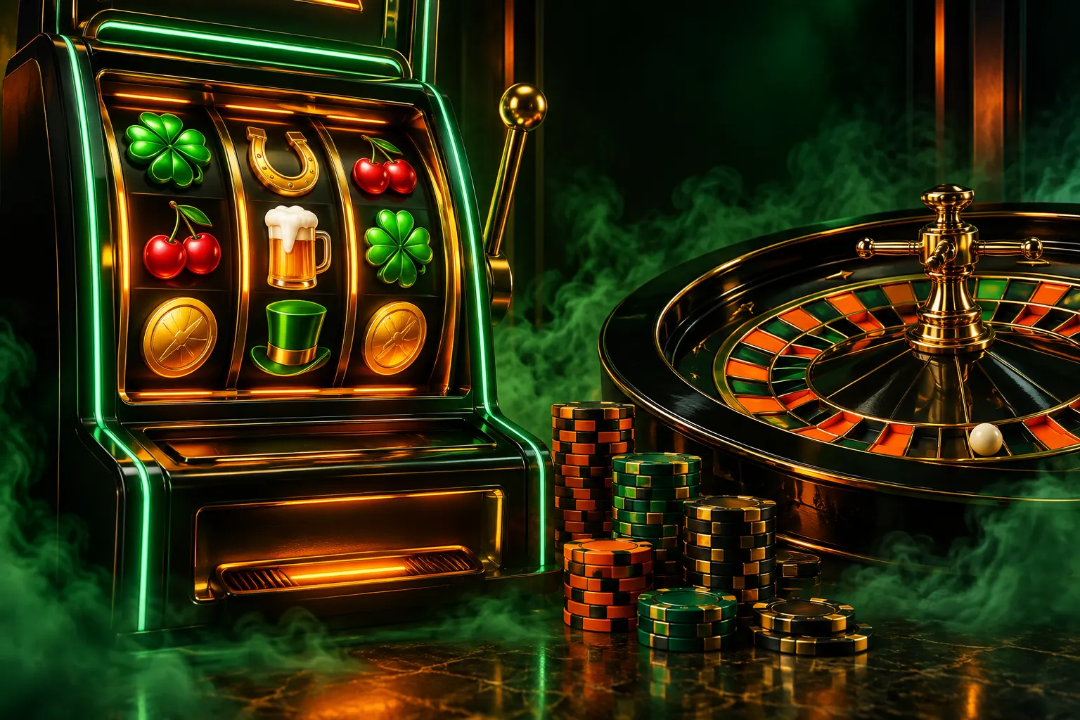 Orange and green slot reels beside a roulette wheel in the dark Hidden Jack lobby