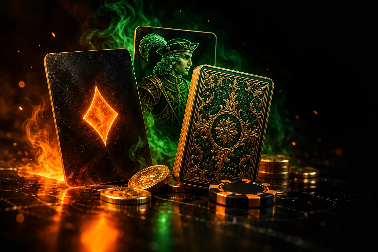 Two glowing aces, an orange ace of diamonds and a green ace of clubs, in green smoke: the Hidden Jack welcome scene
