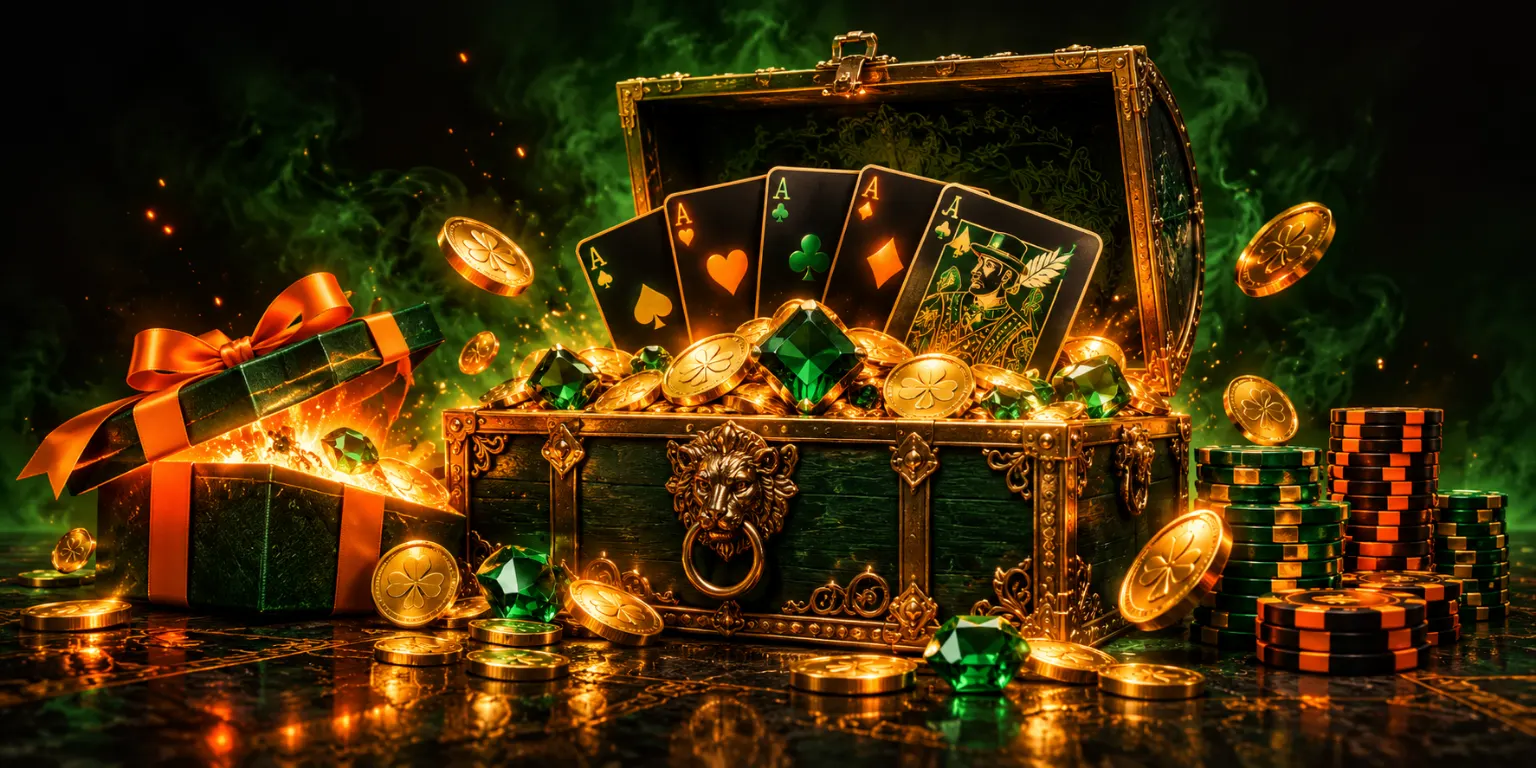 An open green treasure chest full of gold coins and playing cards in green smoke, the Hidden Jack promotions picture